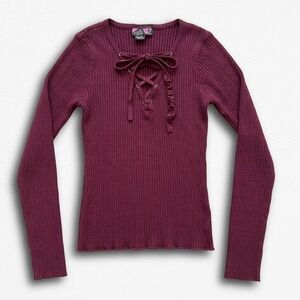 Say What? Vintage Y2K Burgundy Ribbed Lace Up Long Sleeve Top Juniors Large